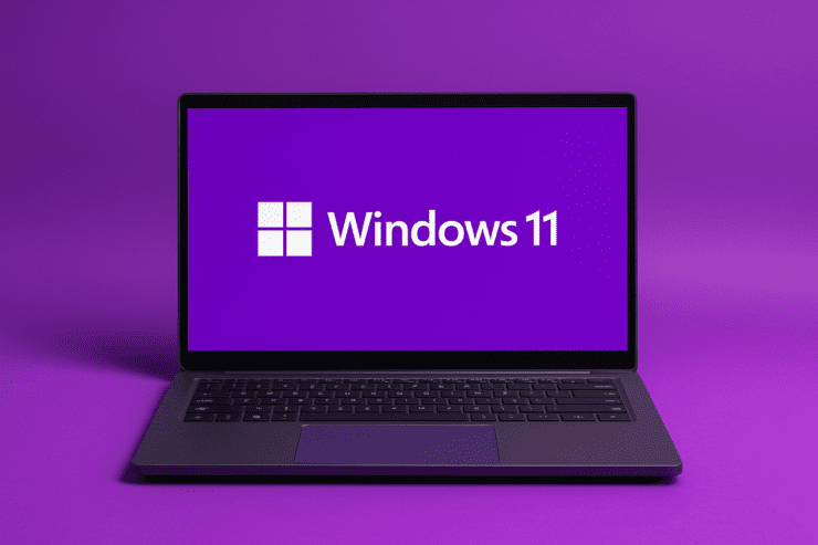 Purple laptop with Windows 11 logo